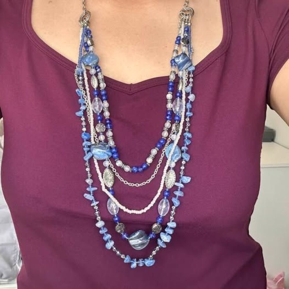 Multi-Strand Blue & Silver-Tone Beaded Statement Necklace — Boho Layered Bib